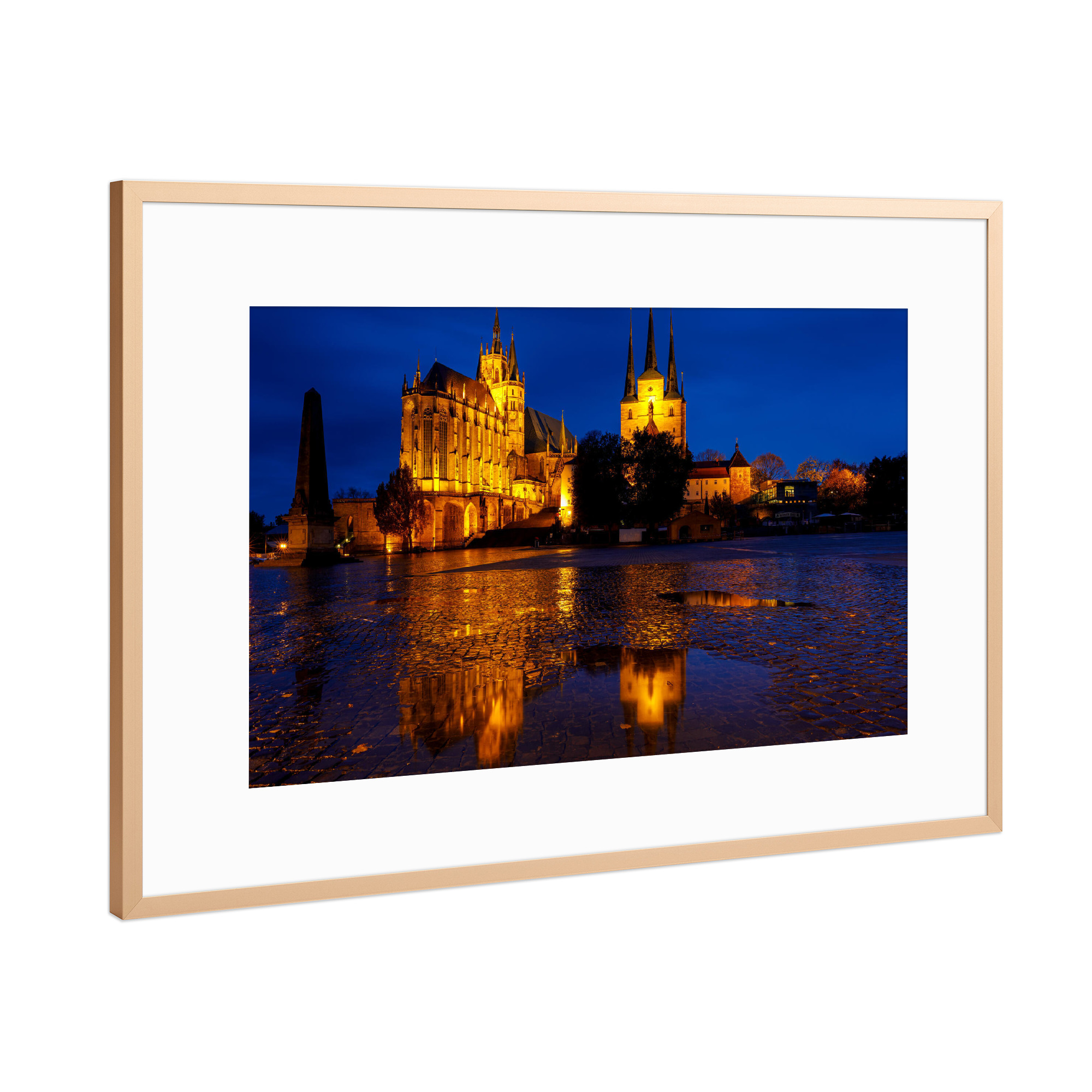 Poster mit Rahmen Kupfer "Der Dom zu Erfurt" artboxONE - Architektur - Erfurt,Thüringen,Dom,Erfurter dom,Kirche,Nacht,Beleuchtet,Deutschland