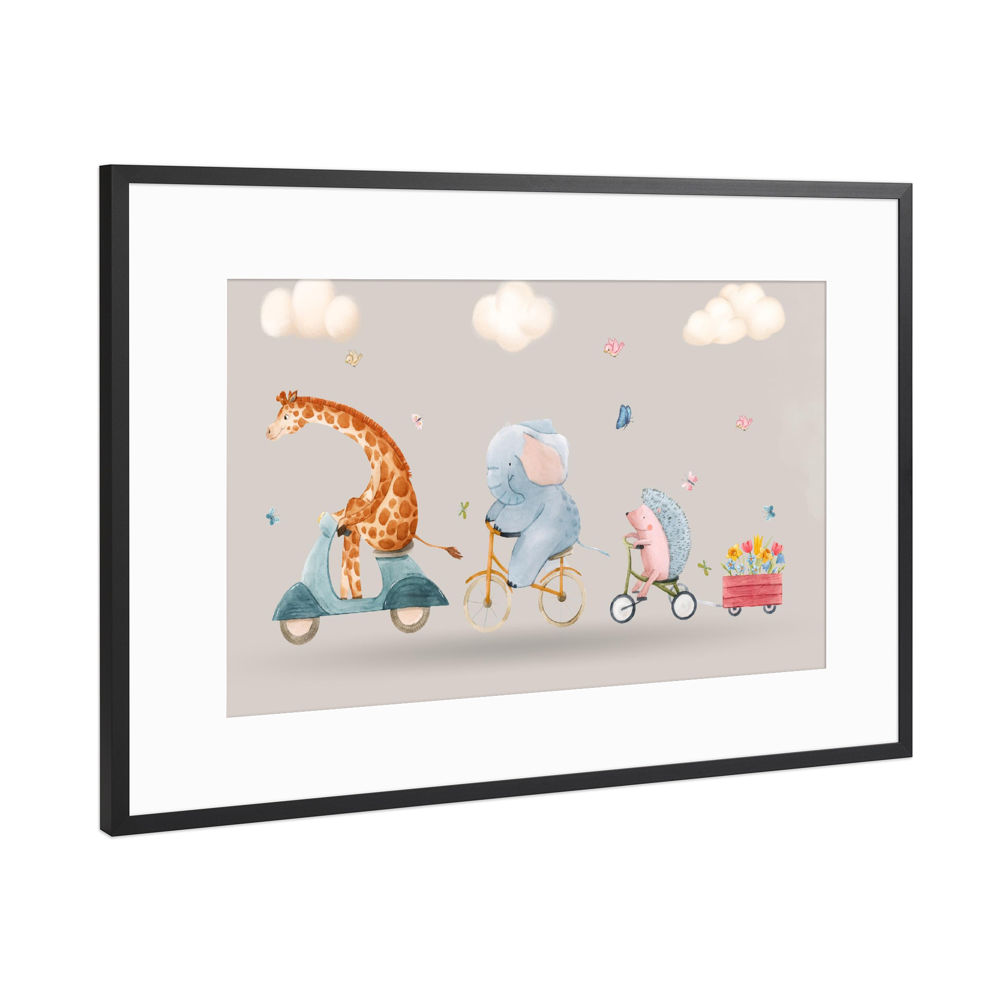 Poster mit Rahmen Schwarz (Metallic) "Tiere auf Fahrrad Illustration" artboxONE - Für Kinder,Tiere,Fiktion
