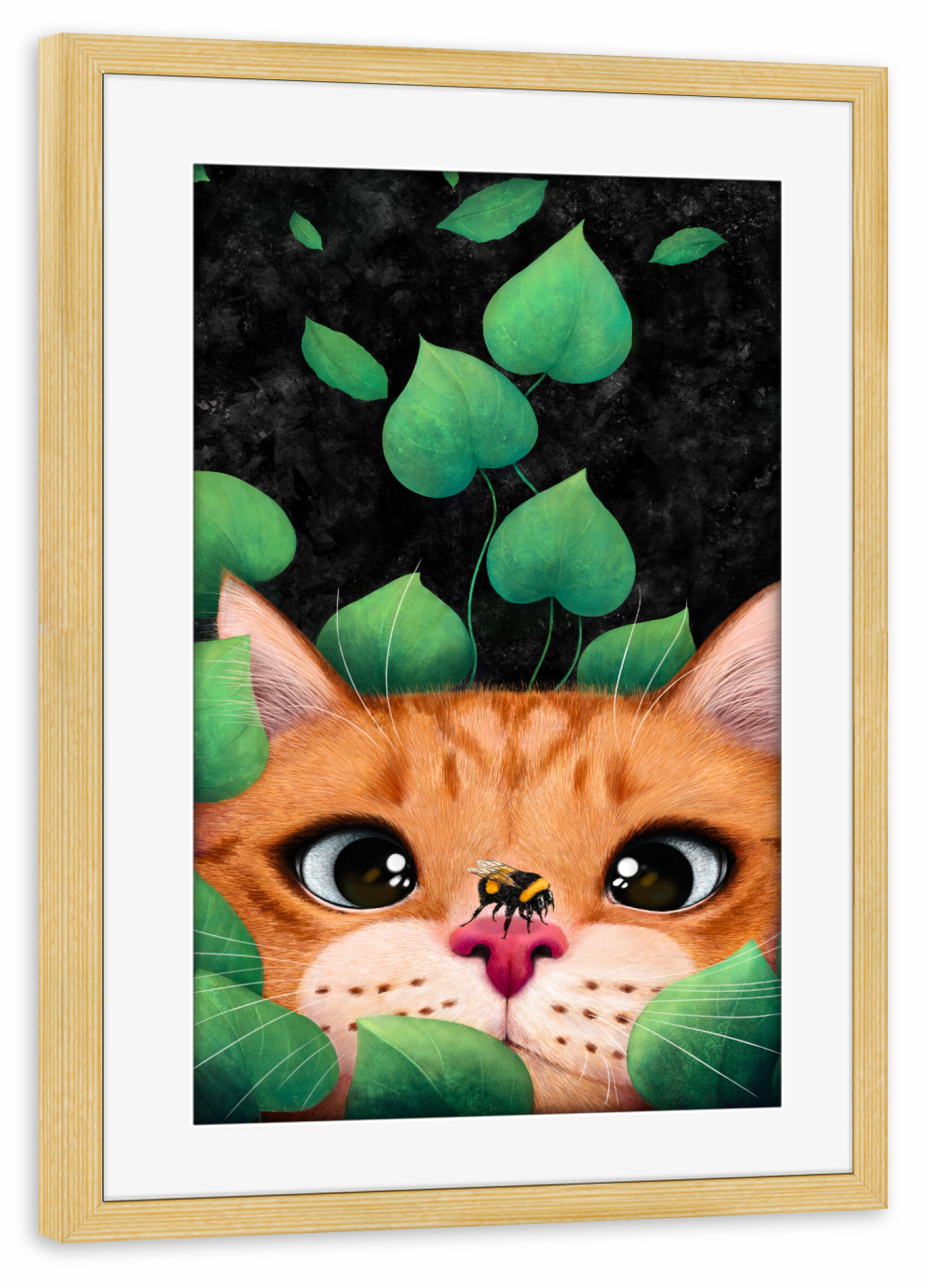 Poster mit Rahmen kiefer "Katze in den Blättern" artboxONE - Natur,Floral,Für Kinder,Tiere,Für Mama