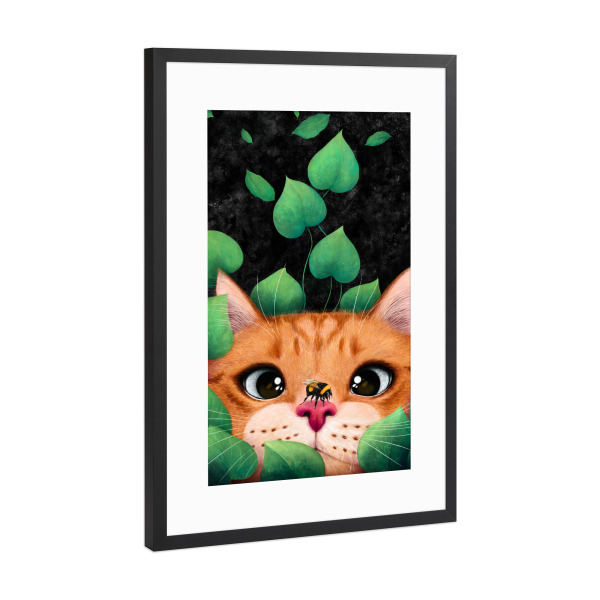 Poster mit Rahmen Schwarz (Metallic) "Katze in den Blättern" artboxONE - Natur,Floral,Für Kinder,Tiere,Für Mama
