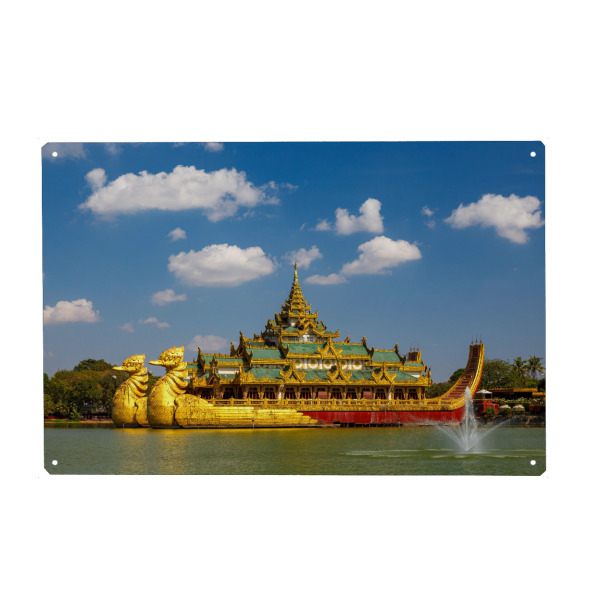 Holzbild "Yangon königliche Barke" artboxONE - Architektur - Yangon,Myanmar,Rangoon,Schiff,Boot,Königliche barke,See,Pagode,Buddhismus,Golden