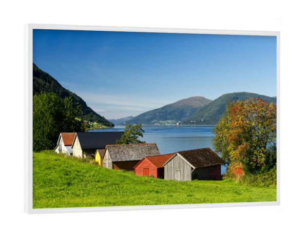 Poster mit weißem Rahmen "Fischerhütten am Eidsfjord" artboxONE - Natur,Reise,Reise / Strand und Meer,Reise / Länder