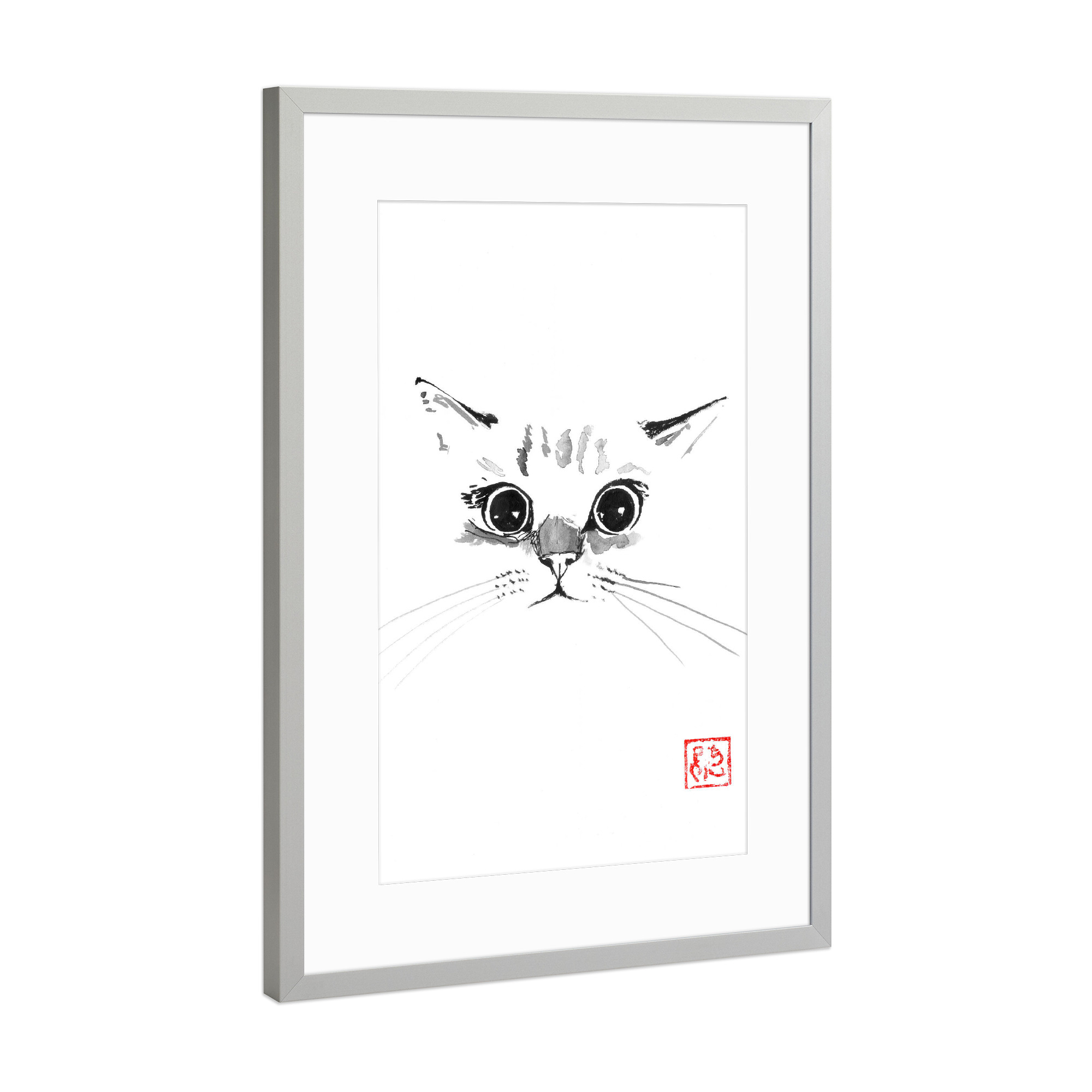 Poster mit Rahmen Silber "Katze lustiges Gesicht" artboxONE - Tiere - Katze,Neko,Sumie,Japan