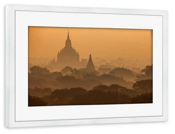 Poster mit Rahmen weiß "Morgens in Bagan" artboxONE - Natur,Architektur,Reise / Asien