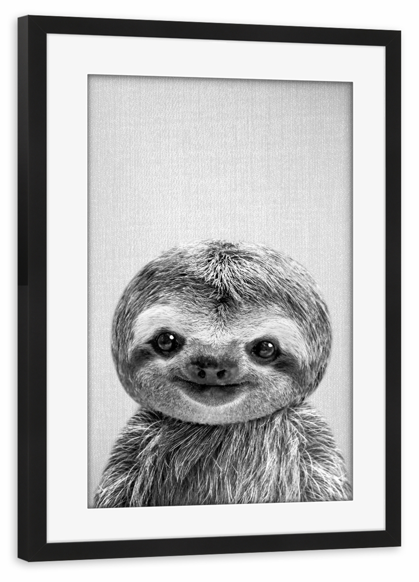 Poster mit Rahmen schwarz "Baby-Faultier - Schwarz & Weiß" artboxONE - Natur,Für Kinder,Tiere,Liebe,Für Mama