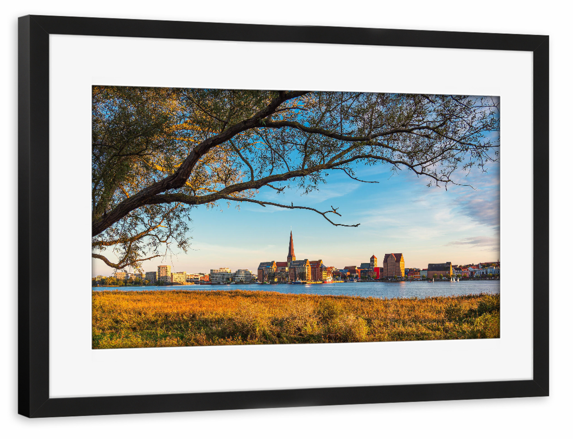 Poster mit Rahmen schwarz "Rostock, Warnow, Baum Schilf" artboxONE - Natur,Reise,Architektur,Städte / Weitere