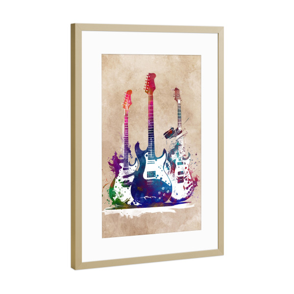 Poster mit Rahmen Gold "3 Gitarren Musikkunst" artboxONE - Musik - Gitarre,Gitarren,Musik,Instrument,Musikinstrument,Band,Jazz