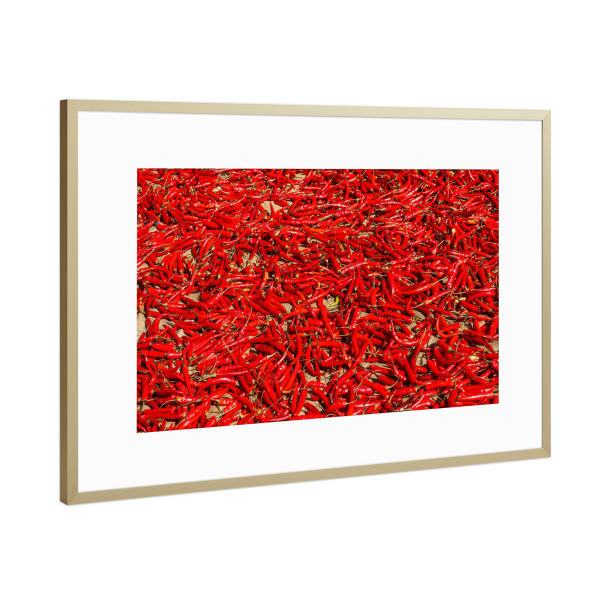 Poster mit Rahmen Gold "Viele Rote Chilischoten" artboxONE - Essen & Trinken - Chili,Chilischoten,Rot,Hintergrund,Gemüse,Gewürze,Scharf,Lebensmittel