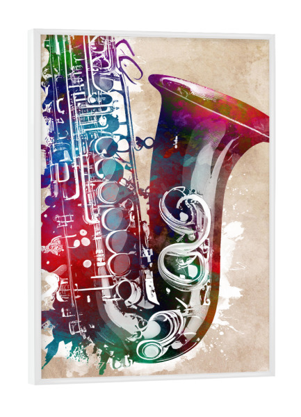 Poster mit weißem Rahmen "Saxophonmusikkunst A" artboxONE - Musik - Musik,Instrument,Musikinstrument,Band,Jazz,Saxophon
