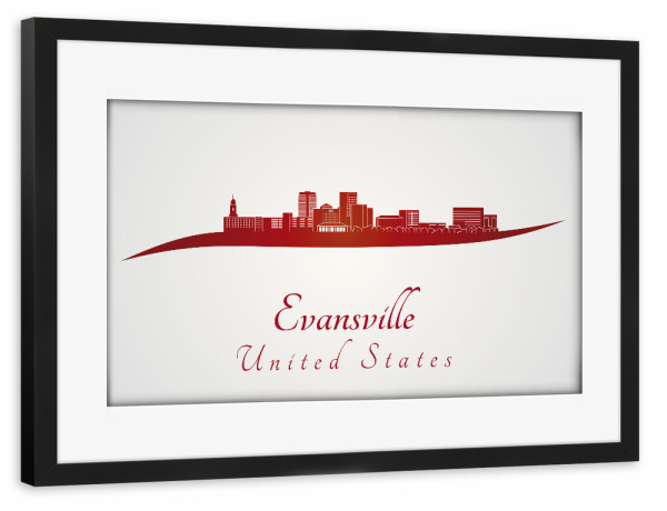 Poster mit Rahmen schwarz "Evansville-Skyline im Rot" artboxONE - Städte