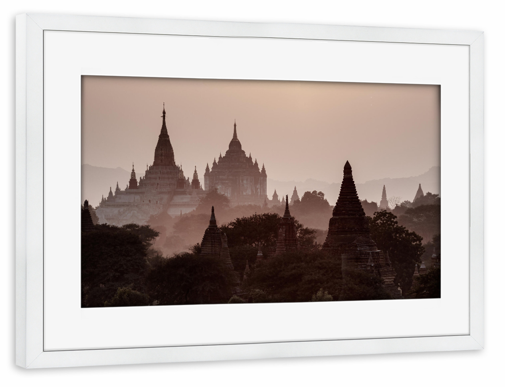 Poster mit Rahmen weiß "Bagan bei Sonnenaufgang" artboxONE - Architektur,Reise / Asien