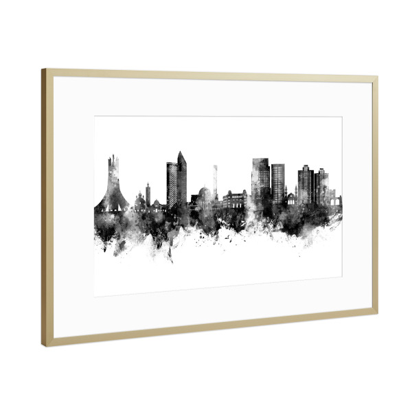 Poster mit Rahmen Gold "Algier Algerien Skyline Schwarz" artboxONE - Städte,Schwarzweiß - Algier,Algerien,Skyline,Stadtbild,Stadtbild,Aquarell,Malerei