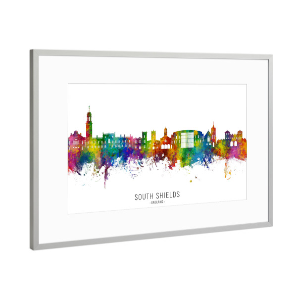 Poster mit Rahmen Silber "South Shields England Skyline txt" artboxONE - Städte - South shields,England,Skyline,Stadtbild,Stadtbild,Aquarell,Malerei