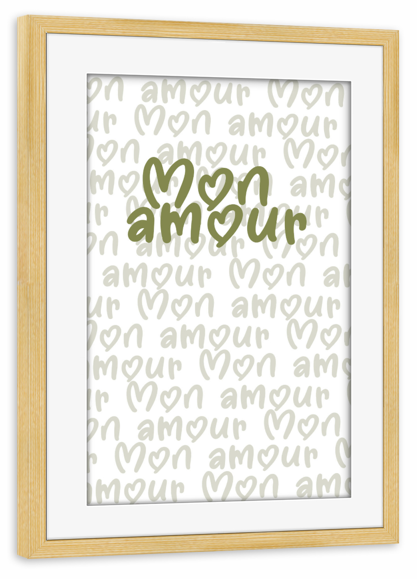 Poster mit Rahmen kiefer "Schriftzug Mon amour grün" artboxONE - Typografie,Abstrakt,Liebe
