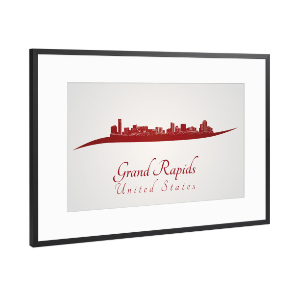 Poster mit Rahmen Schwarz (Metallic) "Skyline von Grand Rapids in Rot" artboxONE - Städte