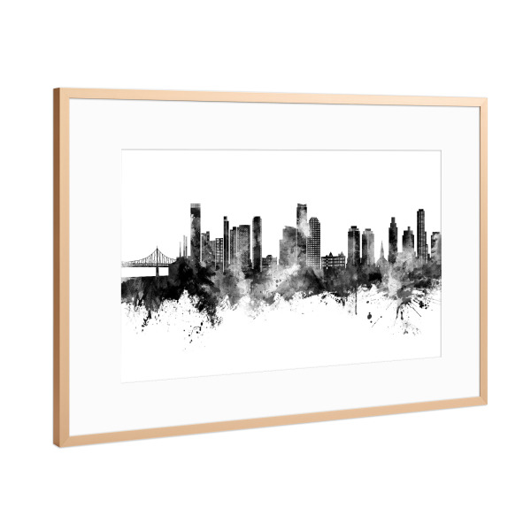 Poster mit Rahmen Kupfer "Queens New York Skyline Schwarz" artboxONE - Städte,Schwarzweiß