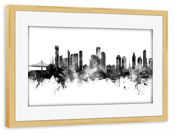 Poster mit Rahmen kiefer "Queens New York Skyline Schwarz" artboxONE - Städte,Schwarzweiß