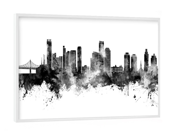 Poster mit weißem Rahmen "Queens New York Skyline Schwarz" artboxONE - Städte,Schwarzweiß