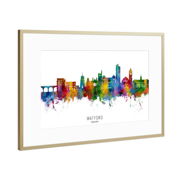 Poster mit Rahmen Gold "Watford England Skyline txt" artboxONE - Städte - Watford,England,Skyline,Stadtbild,Stadtbild,Aquarell,Malerei