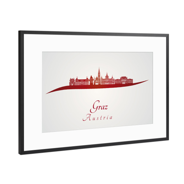 Poster mit Rahmen Schwarz (Metallic) "Grazer Skyline in Rot" artboxONE - Städte