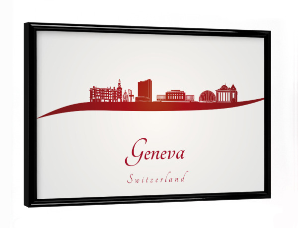 Poster mit schwarzem Rahmen "Genfer Skyline in Rot" artboxONE - Städte