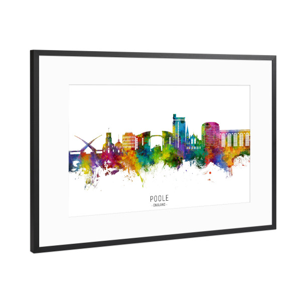 Poster mit Rahmen Schwarz (Metallic) "Poole England Skyline txt" artboxONE - Städte - Poole,England,Skyline,Stadtbild,Stadtbild,Aquarell,Malerei