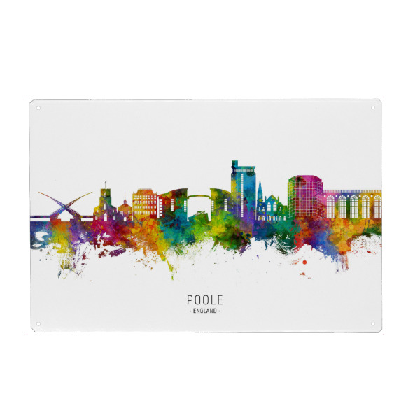Holzbild "Poole England Skyline txt" artboxONE - Städte - Poole,England,Skyline,Stadtbild,Stadtbild,Aquarell,Malerei