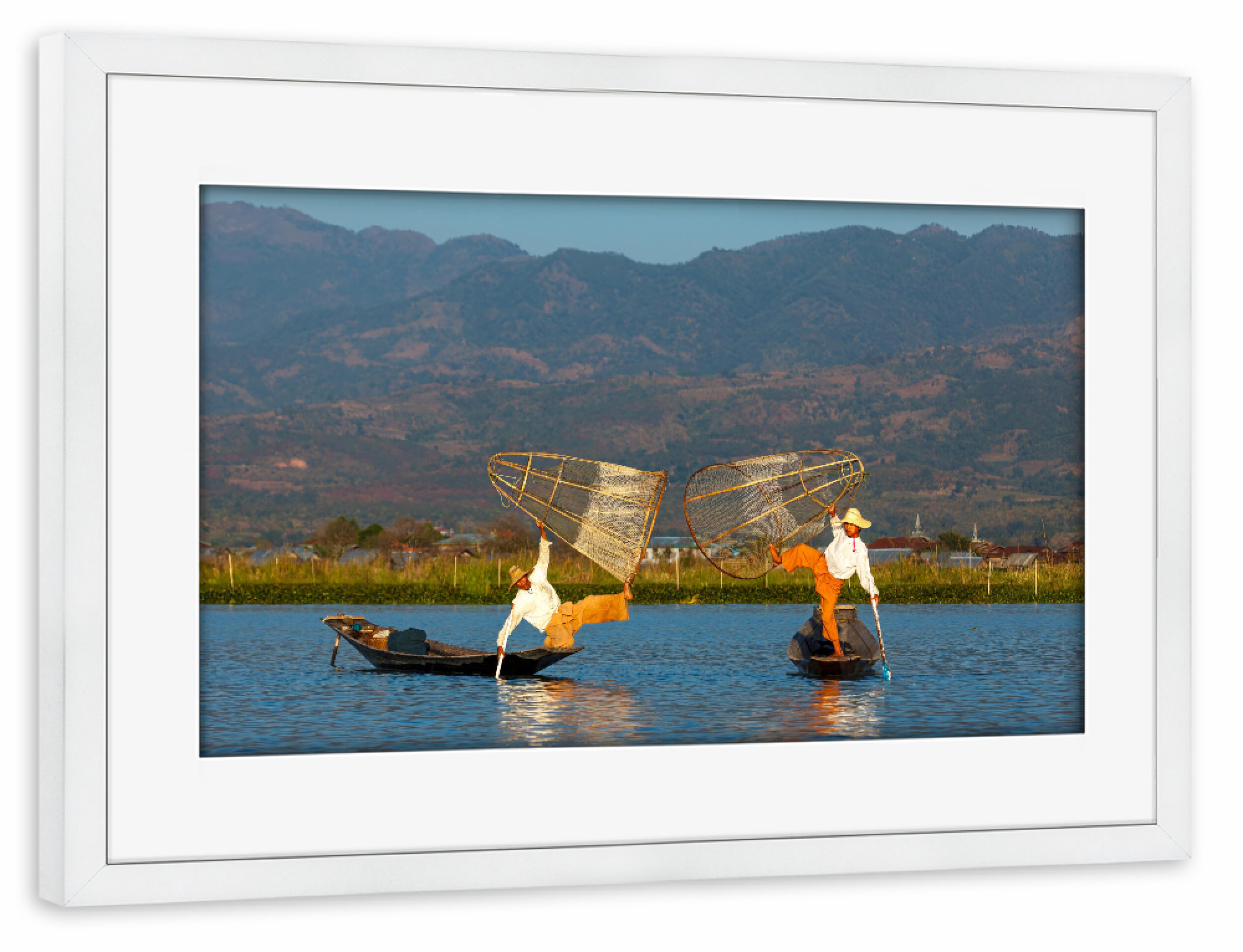 Poster mit Rahmen weiß "Fischer auf dem Inle See" artboxONE - Reise / Asien,Männer