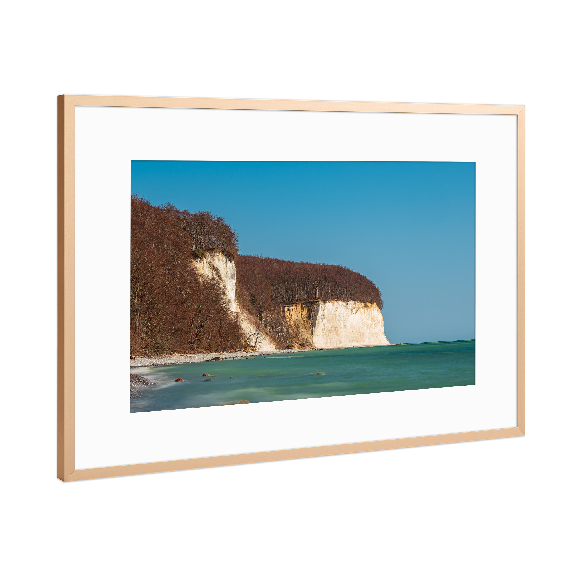 Poster mit Rahmen Kupfer "Meer, wolkenlos, Kreidefelsen" artboxONE - Natur,Reise,Reise / Strand und Meer