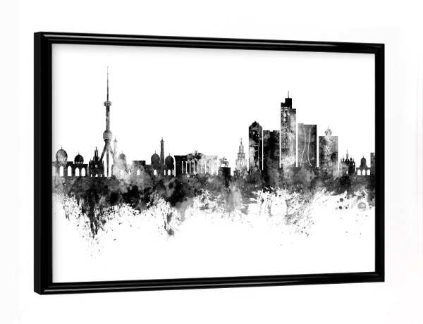 Poster mit schwarzem Rahmen "Taschkent - Skyline Schwarz" artboxONE - Städte,Schwarzweiß