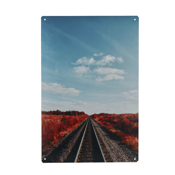 Holzbild "Red Rails" artboxONE - Natur,Reise,Reise / Länder - Fotografie,Landschaft,Rot,Art,Zug,Kanada,Landschaftsfotografie,Trend,Himmel,Blau