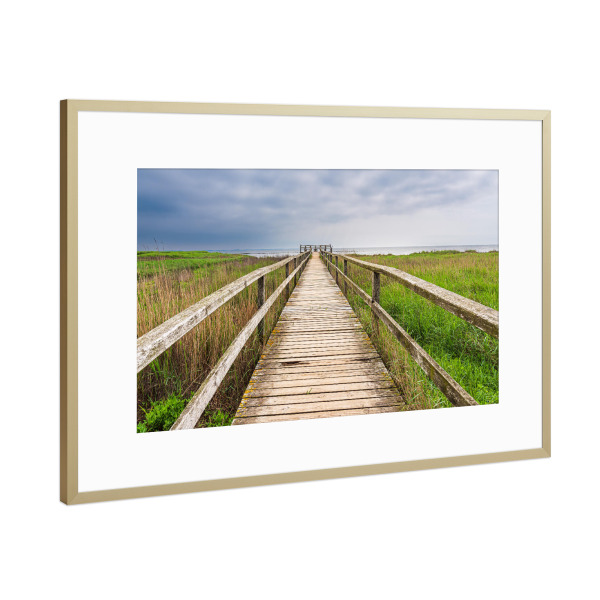 Poster mit Rahmen Gold "Bohlenweg, Gras, Küste" artboxONE - Natur,Reise,Architektur,Reise / Strand und Meer