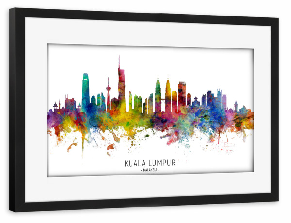 Poster mit Rahmen schwarz "Kuala Lumpur Malaysia Skyline txtb" artboxONE - Städte - Kuala lumpur,Malaysia,Skyline,Stadtbild,Stadtbild,Aquarell,Malerei