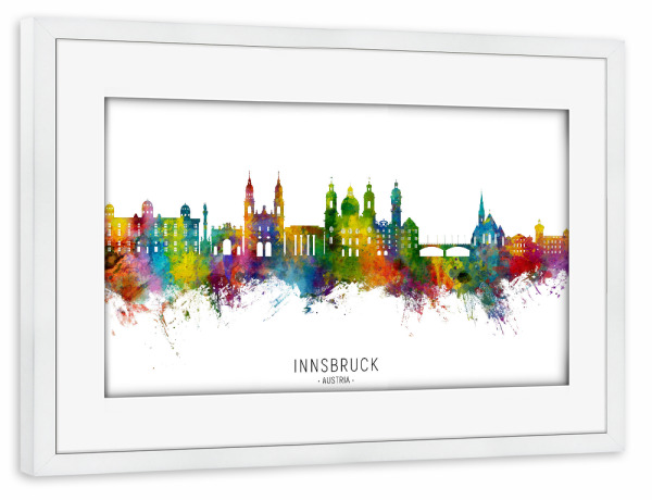 Poster mit Rahmen weiß "Innsbruck Österreich Skyline txt" artboxONE - Städte - Innsbruck,österreich,Skyline,Stadtbild,Stadtbild,Aquarell,Malerei