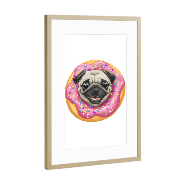 Poster mit Rahmen Gold "Mops in einem Donut" artboxONE - Tiere,Essen & Trinken,Lustig