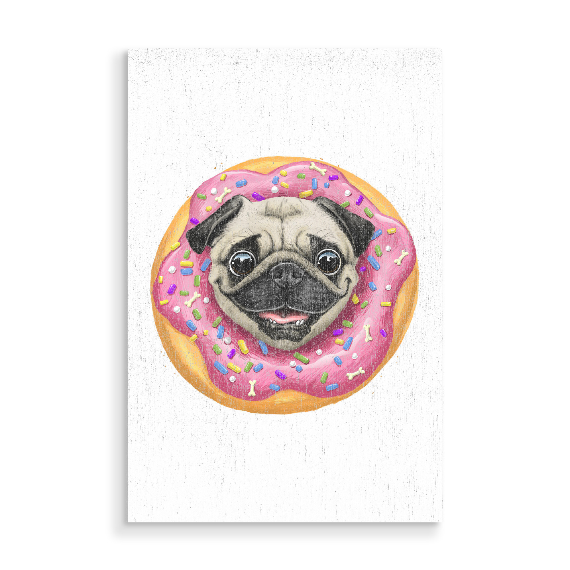 Holzbild "Mops in einem Donut" artboxONE - Tiere,Essen & Trinken,Lustig - Mops,Möpse,Hund,Hunde,Haustiere,Tier,Tiere,Donut,Donuts,Essen,Süß,Lecker