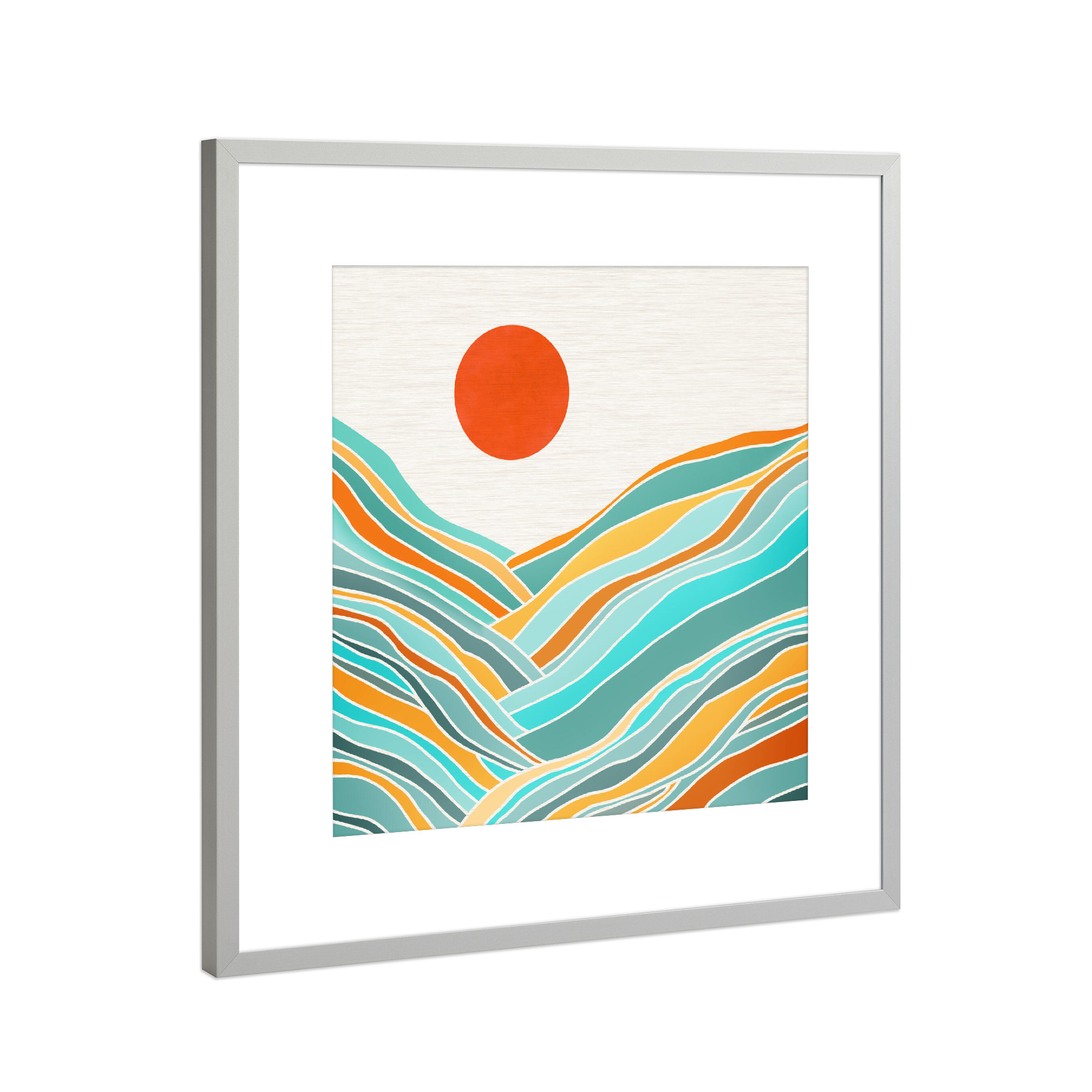 Poster mit Rahmen Silber "Bunter Planet" artboxONE - Reise,Abstrakt - Malerei,Sonnenuntergang,Landschaft,Abstrakt,Einfach,Streifen,Formen,Bunt,Berge