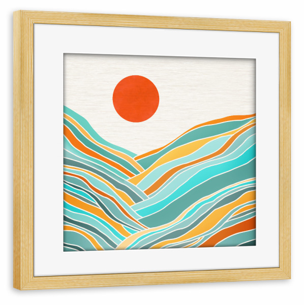 Poster mit Rahmen kiefer "Bunter Planet" artboxONE - Reise,Abstrakt - Malerei,Sonnenuntergang,Landschaft,Abstrakt,Einfach,Streifen,Formen,Bunt,Berge