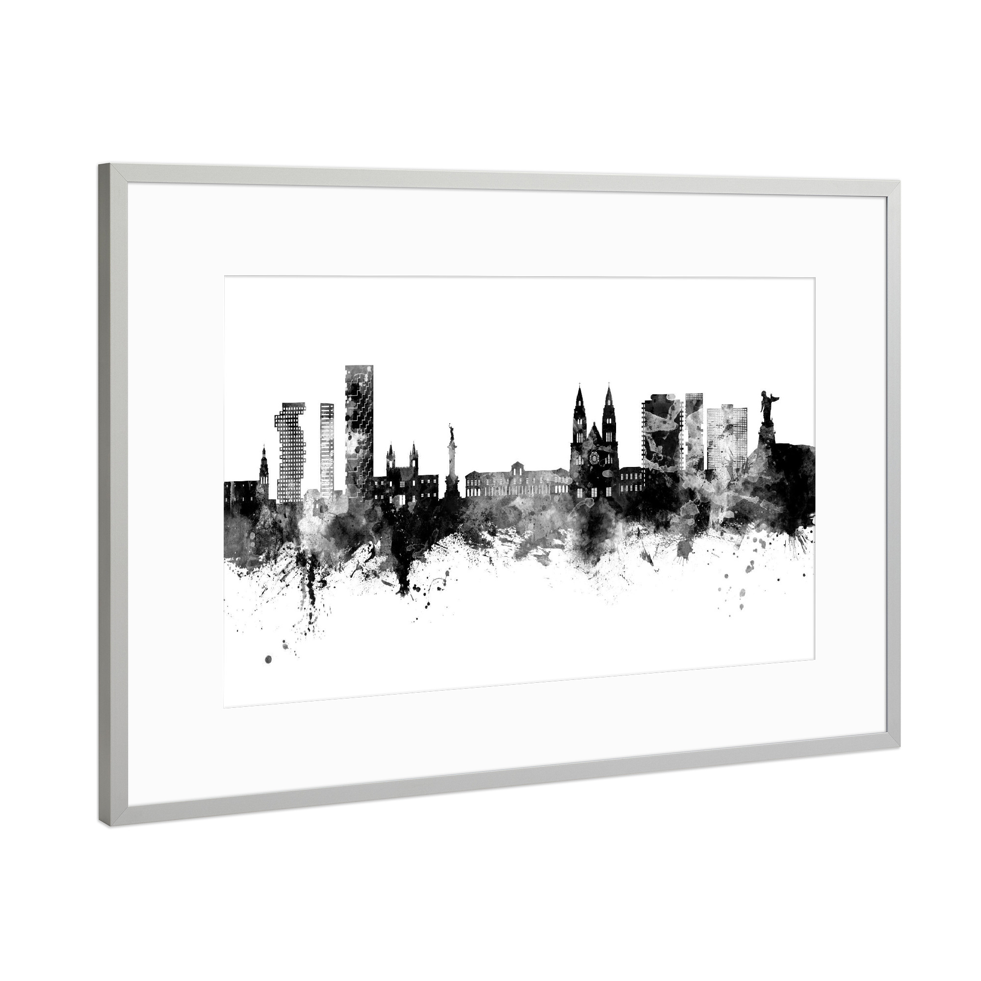 Poster mit Rahmen Silber "Quito Ecuador Skyline Schwarz" artboxONE - Städte,Schwarzweiß - Quito,Ecuador,Skyline,Stadtbild,Stadtbild,Aquarell,Malerei