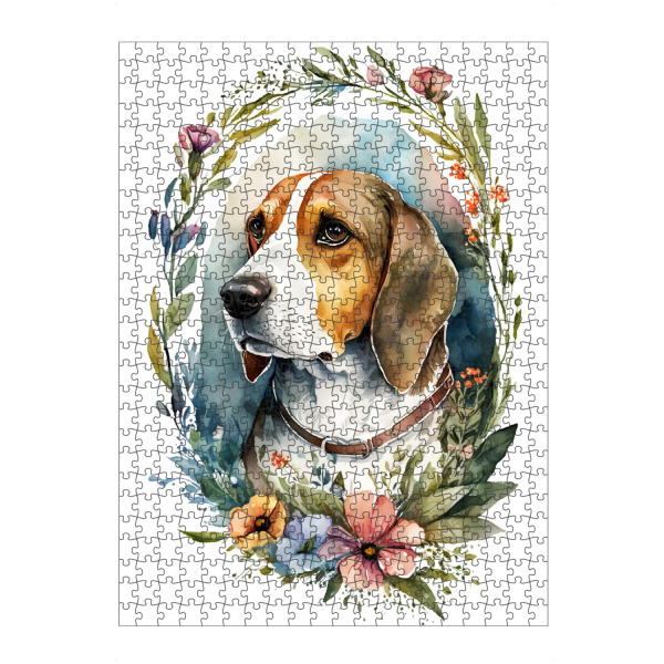 Puzzle Ravensburger "Süßer Beagle mit Blumen" artboxONE - Tiere - Beagle,Hund,Haustier,Tier,Natur,Aquarell,Botanik,Blumen,Böhmen,Wildtiere,Wald
