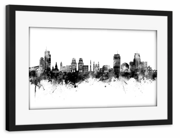 Poster mit Rahmen schwarz "Minsk - Skyline Schwarz" artboxONE - Städte,Schwarzweiß - Minsk,Weißrussland,Skyline,Stadtbild,Stadtbild,Aquarell,Malerei