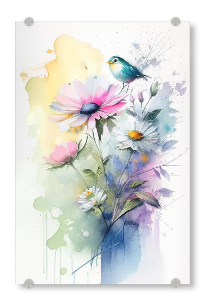 Acrylglasbild "Netter Vogel mit Gänseblümchen" artboxONE - Natur,Floral,Tiere