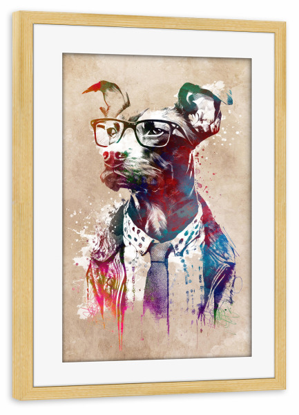 Poster mit Rahmen kiefer "Hipster-Hund B" artboxONE - Tiere - Hund,Haustier,Tier,Tiere,Grafik,Kunst,Hipster