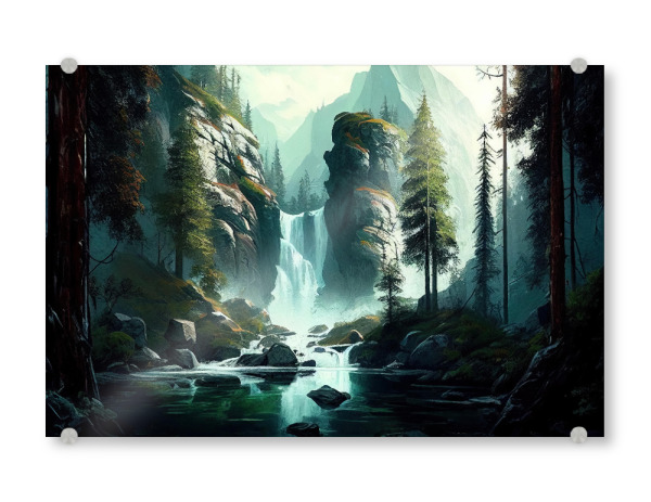 Acrylglasbild "Grünes Wasserfalltal" artboxONE - Natur,Reise - Grün,Tal,Wasserfall,Malerei,Aquarell,Kunst,Farbe,öl,Kaskade,Berg,Landschaft,Alpen,Natur