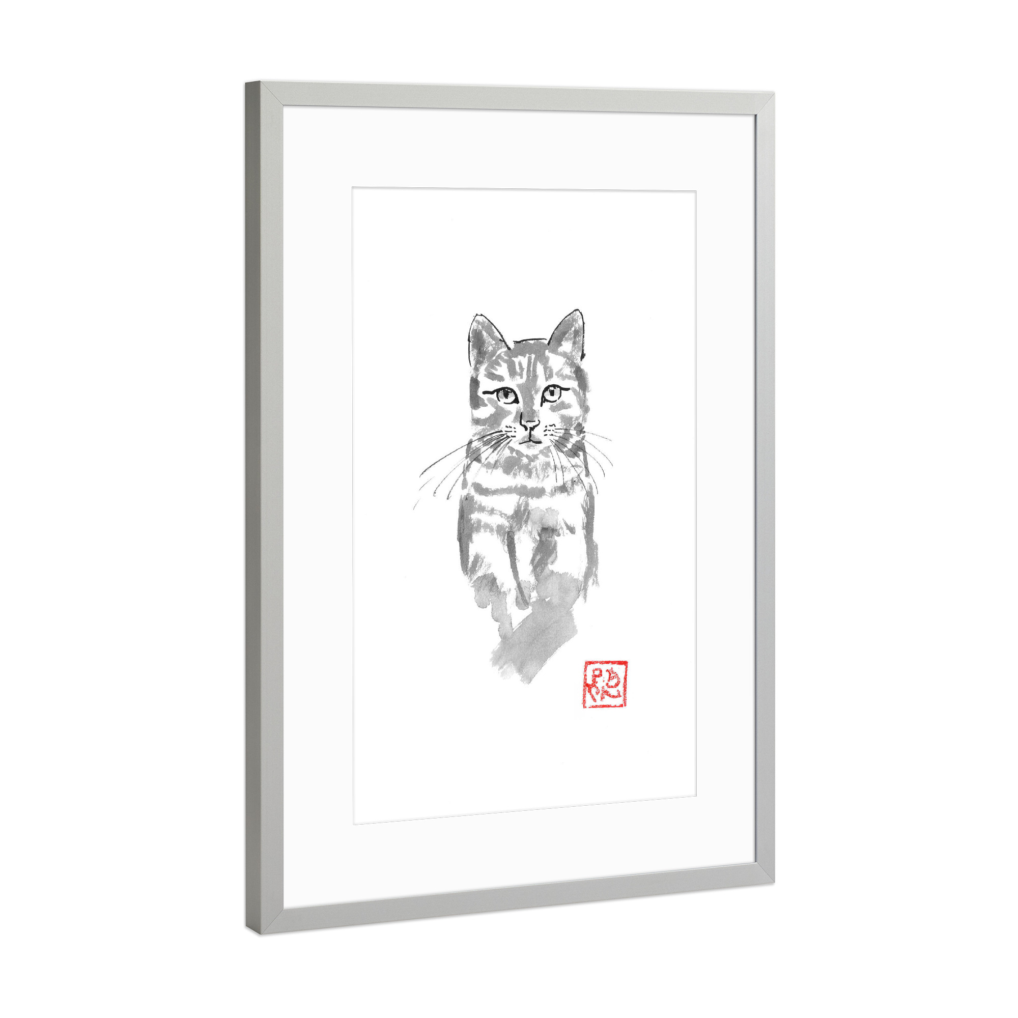 Poster mit Rahmen Silber "Cat in the tree watch" artboxONE - Tiere,Schwarzweiß - Cat,Nope,Sumie,Japan