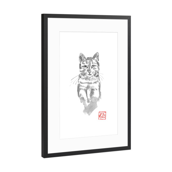 Poster mit Rahmen Schwarz (Metallic) "Cat in the tree watch" artboxONE - Tiere,Schwarzweiß - Cat,Nope,Sumie,Japan
