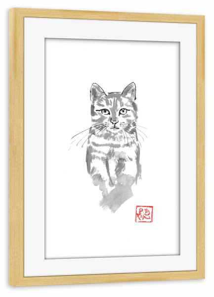 Poster mit Rahmen kiefer "Cat in the tree watch" artboxONE - Tiere,Schwarzweiß - Cat,Nope,Sumie,Japan