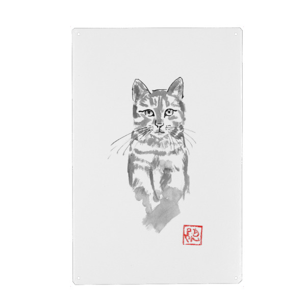 Metall Poster "Cat in the tree watch" artboxONE - Tiere,Schwarzweiß - Cat,Nope,Sumie,Japan - Blechschild