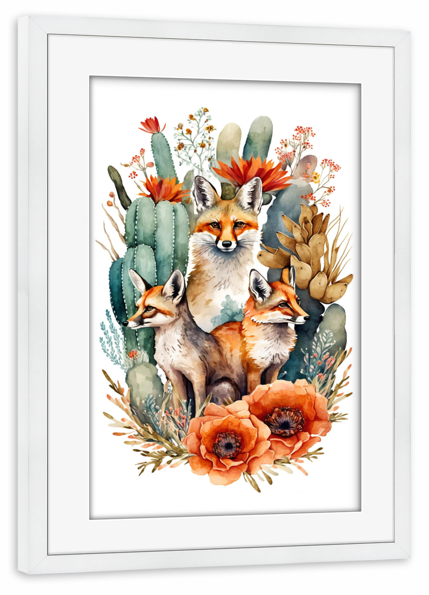 Poster mit Rahmen weiß "Familie von Füchsen" artboxONE - Floral,Tiere