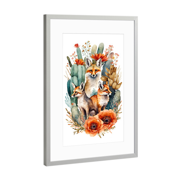 Poster mit Rahmen Silber "Familie von Füchsen" artboxONE - Floral,Tiere